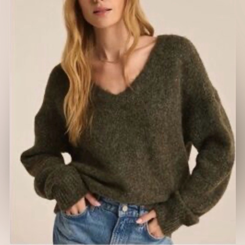 Jason Wu Women's Olive Green V-Neck Fuzzy Wool Blend Sweater Size Small